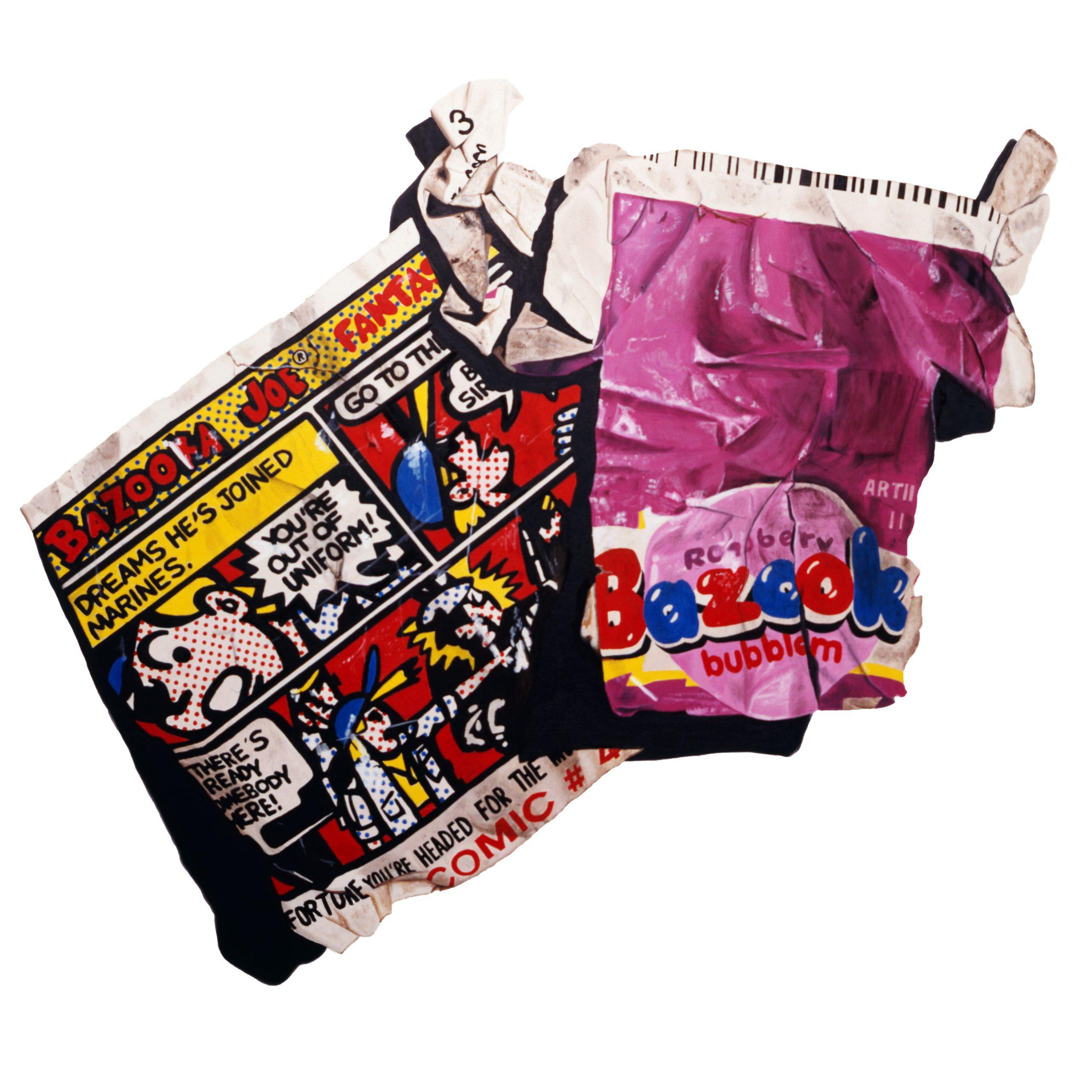 Scott Shellstrom photorealistic painting of a trashed gum comic.