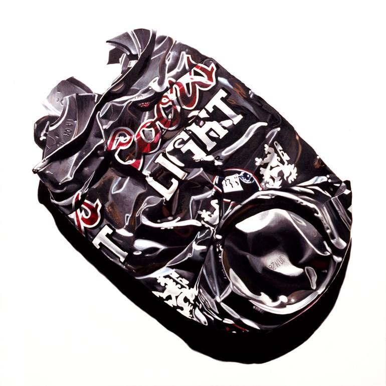 Scott Shellstrom photorealistic painting of a trashed beer can.