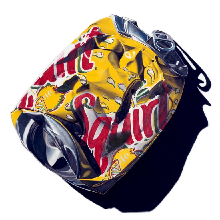 Scott Shellstrom photorealistic painting of a trashed pop can.