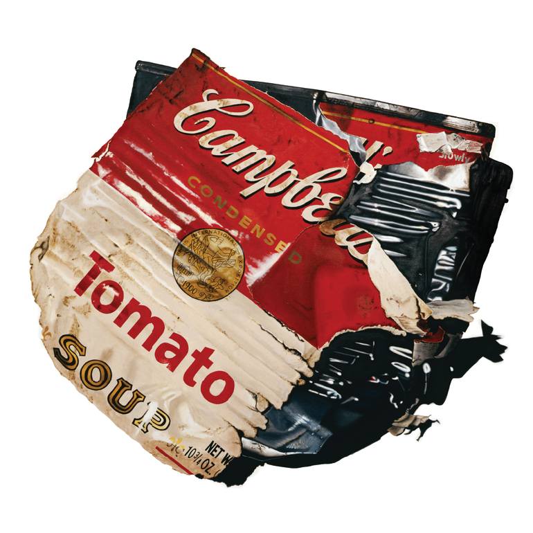 Scott Shellstrom photorealistic painting of a trashed soup can.