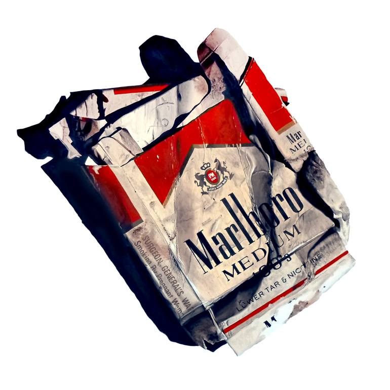 Scott Shellstrom photorealistic painting of a trashed cigarette pack.