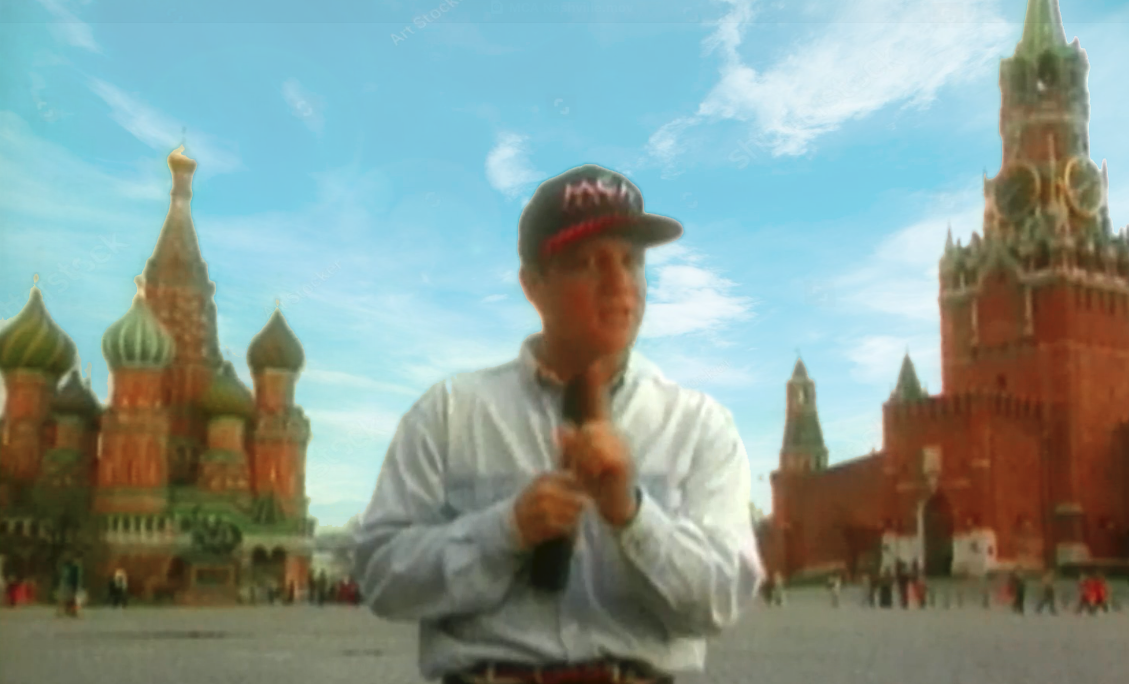 Scott Shellstrom hosting comedy video in Moscow.